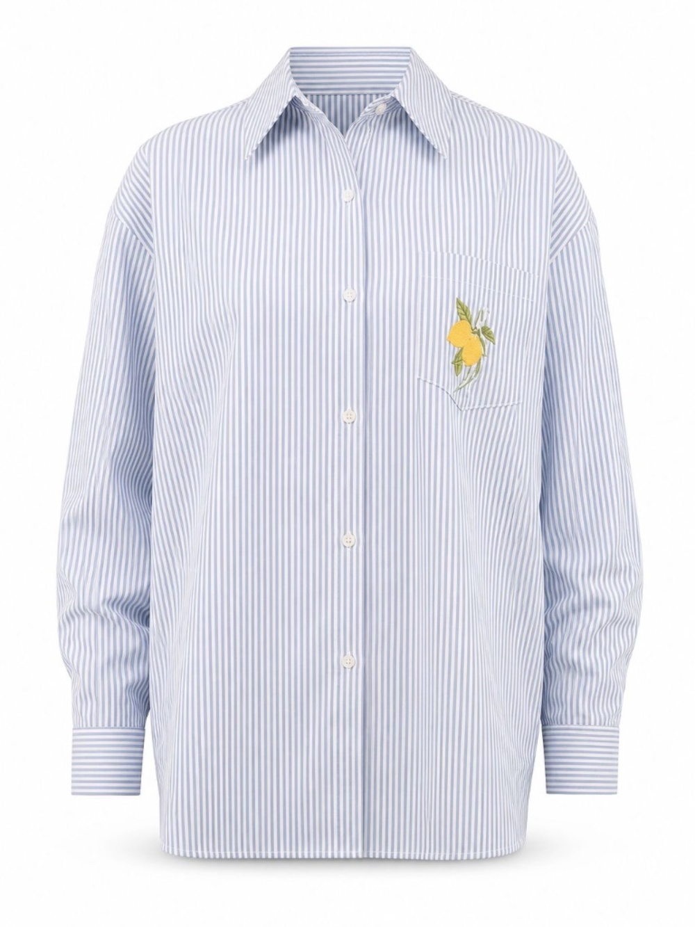 NWT Cotton Light Blue Striped Button-Down Shirt with Lemon Embroidery Detail